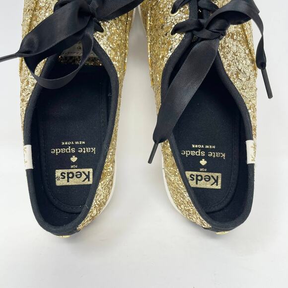 Keds x Kate Spade Glitter Lace Up Sneaker Womens 7 Gold Glitter Black Ribbons - Picture 7 of 9